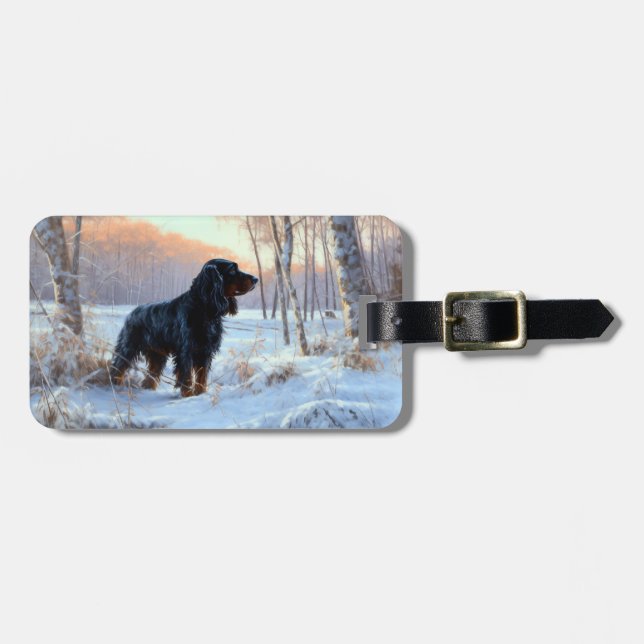 Étiquette À Bagage Gordon Setter Laisse Il Neige Noël (Devant horizontal)