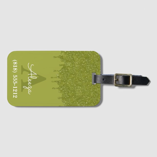 Étiquette À Bagage Gouttes de paillettes de monogramme vert olive (Devant Horizontal)