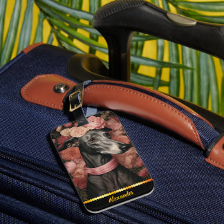 Étiquette À Bagage Graceful greyhound entouré de roses florissants