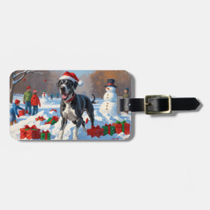 Étiquette À Bagage Grand Danois courant dans la neige avec un chapeau