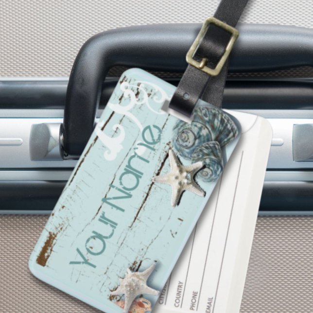 Étiquette À Bagage Grange côtière bois aqua bleu étoile coquillages (Coastal barn wood aqua blue starfish seashells luggage tag)