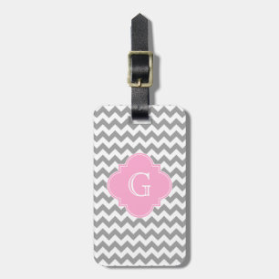 Étiquette À Bagage Gray Wht Chevron Pink Quatrefoil monogram