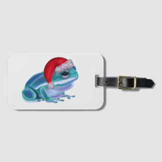 Étiquette À Bagage Grenouille bleue avec chapeau de Père Noël.