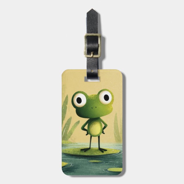 Étiquette À Bagage Grenouille Mignonne sur une Feuille de Nénuphar –  (Devant Vertical)