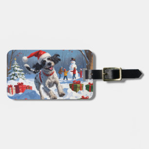 Étiquette À Bagage Griffon à poil dur avec un chapeau de Noël enneigé