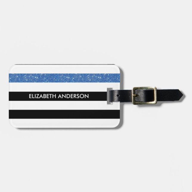 Étiquette À Bagage Grilles noires modernes FAUX Blue Glitz et nom (Devant horizontal)