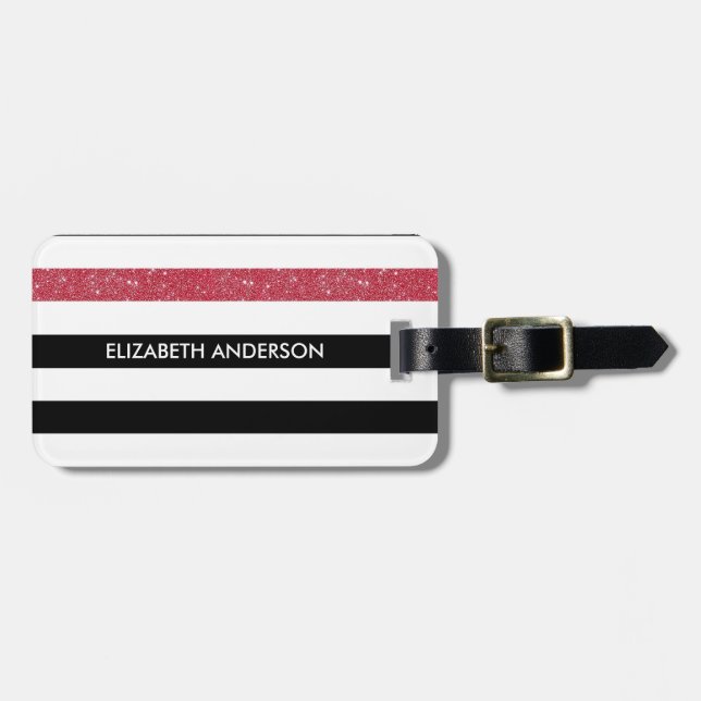 Étiquette À Bagage Grilles noires modernes FAUX Red Glitz et nom (Devant horizontal)