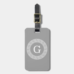 Étiquette À Bagage Gris foncé blanc clé grecque cadre Rnd initial Mon