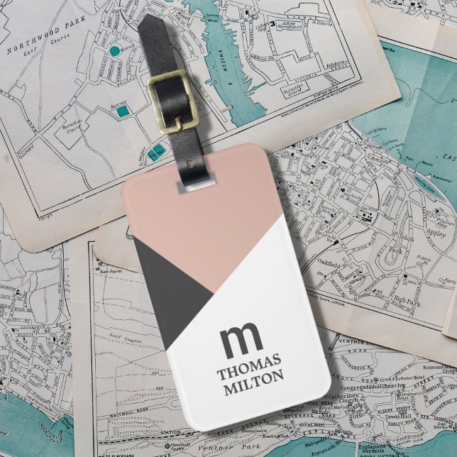 Étiquette À Bagage Gris géométrique moderne Blanc Faux Or (Créateur téléchargé)