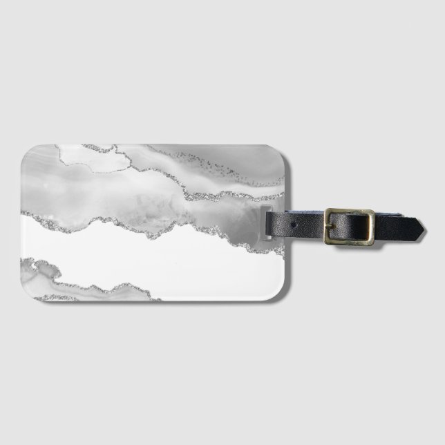 Étiquette À Bagage Gris Marbre blanc Agate simple étincelle d'argent (Devant Horizontal)