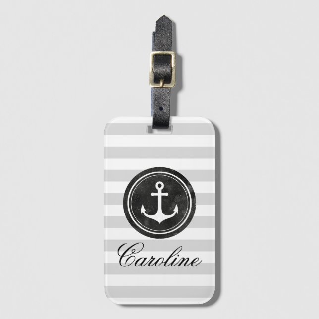 Étiquette À Bagage Gris moderne Gris rayures Noir Nom de l'Ancre (Devant Vertical)