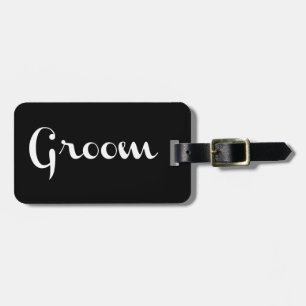 Étiquette À Bagage Groom Retro Script blanc sur noir