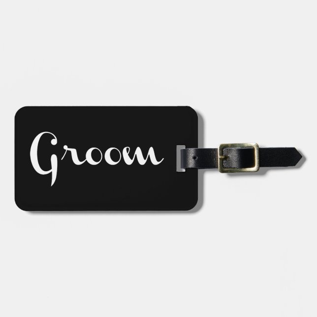 Étiquette À Bagage Groom Retro Script blanc sur noir (Devant horizontal)