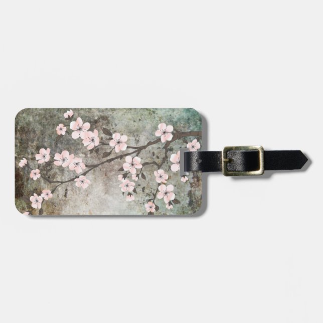 Étiquette À Bagage Grunge texture cerise fleurs (Devant horizontal)