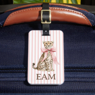 Étiquette À Bagage Guépard au nœud rose et monogramme à rayures