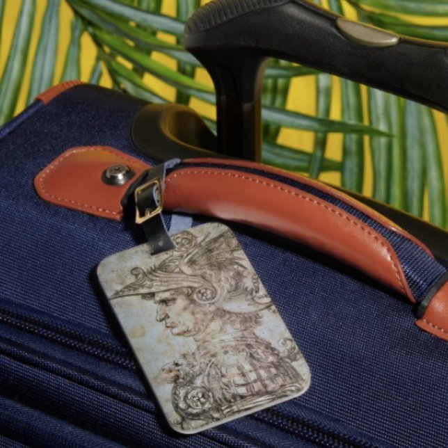 Étiquette À Bagage Guerrier casqué de Léonard (Da Vinci's Warrior luggage tag   single-sided w cardsSlot, weatherproof, leather strap included. )