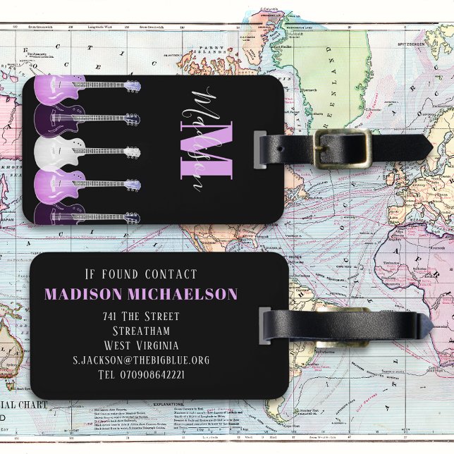 Étiquette À Bagage Guitare de Style Rose et Noir Monogramme (Stylish guitar pink and black monogram custom luggage tag for guitarists musicians and music lovers)