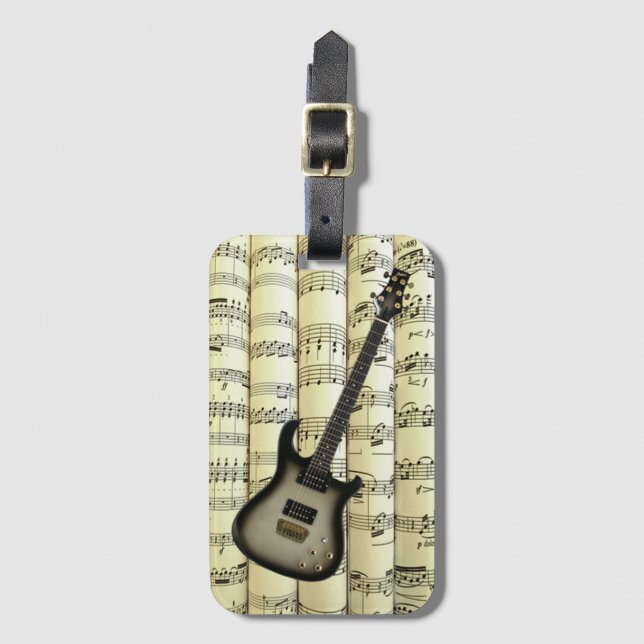Étiquette À Bagage Guitare électrique 02 Sur Partition Roulée ~ (Devant Vertical)