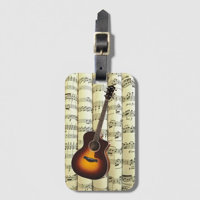 Étiquette À Bagage Guitare Sur Partition Roulée ~ (Devant Vertical)