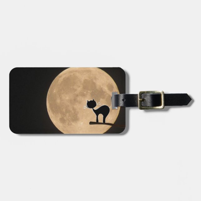 Étiquette À Bagage Halloween gothique chat noir avec pleine lune (Devant horizontal)