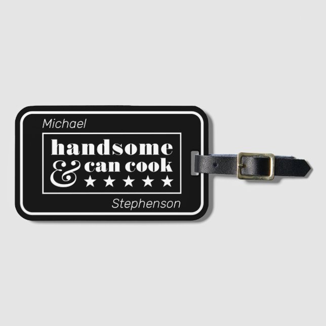 Étiquette À Bagage Handsome & Can Cook Black Typography Father's Day (Devant Horizontal)