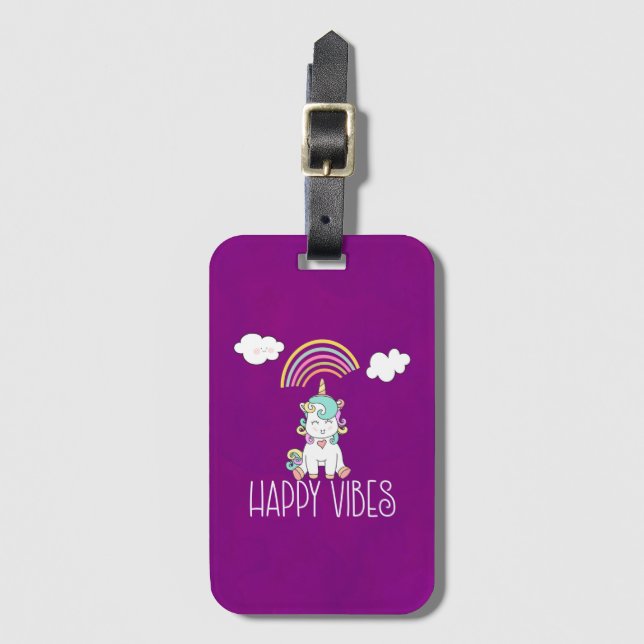 Étiquette À Bagage Happy Vibes Typographie Awesome Rainbow & Unicorn (Devant Vertical)