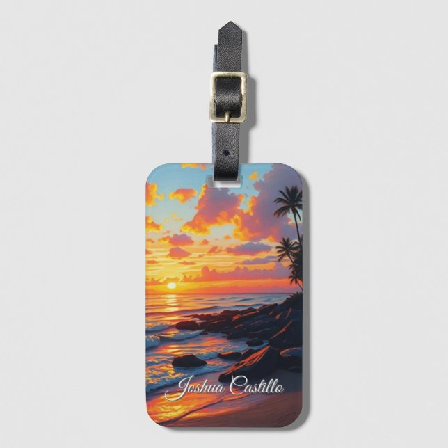 Étiquette À Bagage Hawaii Coucher de soleil Calligraphie Simple Nom P (Devant Vertical)