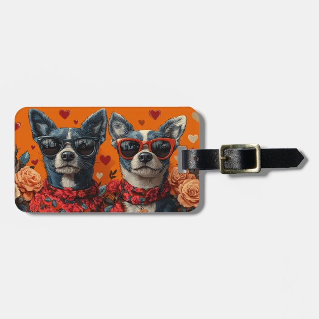 Étiquette À Bagage Heeler bleu avec coeur Roses Saint-Valentin (Devant horizontal)