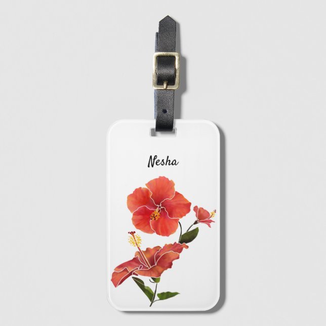 Étiquette À Bagage Hibiscus rouge Aquarelle Fleurs (Devant Vertical)