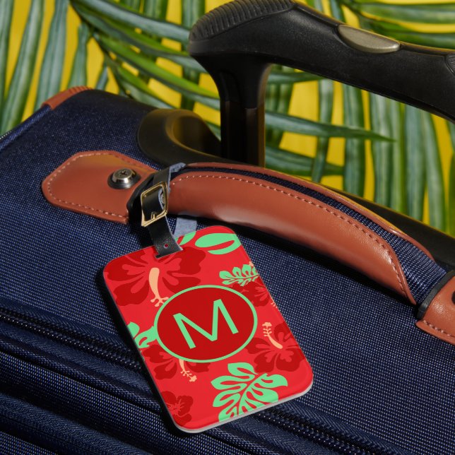 Étiquette À Bagage Hibiscus tropicaux rouge et vert Monogramme floral (Insitu Rectoal 1)