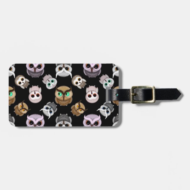 Étiquette À Bagage Hibou amusant sur fond noir (Devant horizontal)