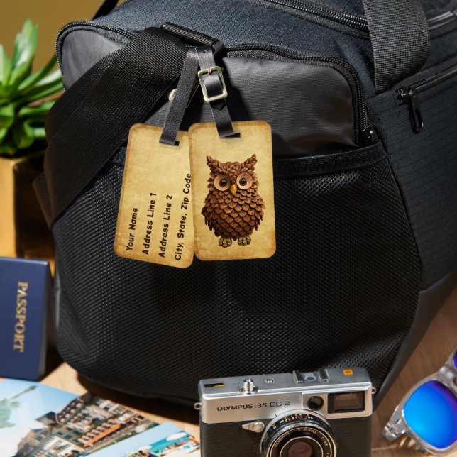 Étiquette À Bagage Hibou Cône de Pin (Recto & Verso)