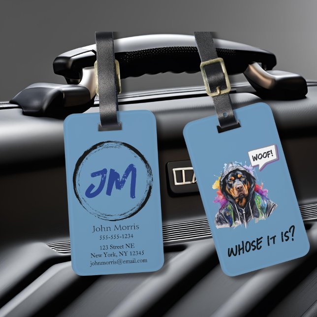 Étiquette À Bagage Hip hop bleu Rottweiler (Blue hip hop rottweiler luggage tag)