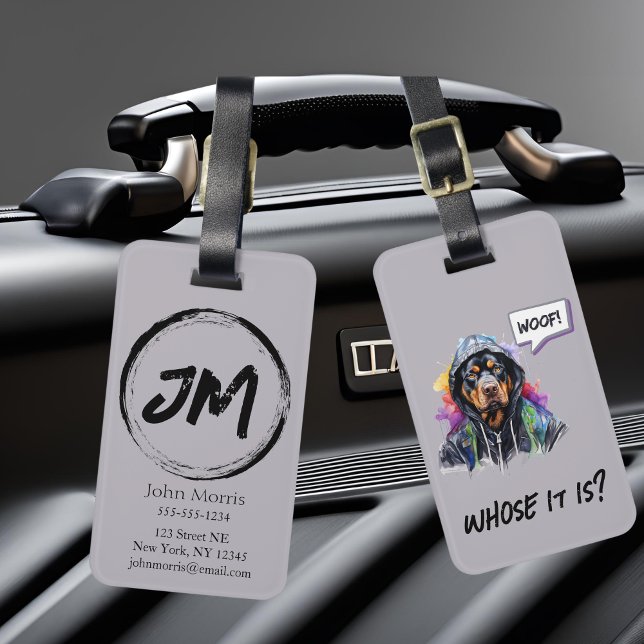 Étiquette À Bagage Hip hop gris Rottweiler (Gray Rottweiler hip hop luggage tag.)