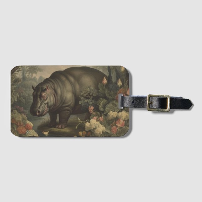 Étiquette À Bagage Hippo botanique vintage (Devant Horizontal)