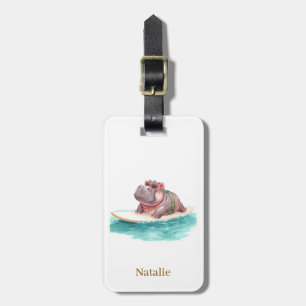 Étiquette À Bagage Hippopotame surfeur sur planche de surf