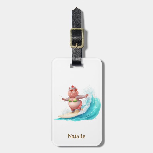 Étiquette À Bagage Hippopotame surfeur sur planche de surf (Devant Vertical)