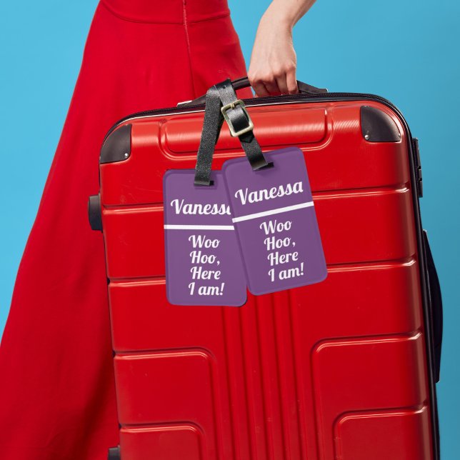 Étiquette À Bagage Hoo Woo Personnalisé | Balise de bagage amusante (modern funny luggage tags in bright and colorful purple for traveller gift in a minimalist design)