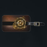 Étiquette À Bagage Horloge Steampunk avec des engrenages anciens<br><div class="desc">Montres anciennes et fantastiques avec des engrenages dorés et laiton sur un arrière - plan brun et rouillé. Style Steampunk.</div>