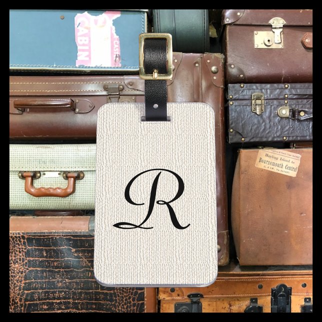 Étiquette À Bagage Hors Blanc Faux Textes Burlap Monogramme Sac (Créateur téléchargé)