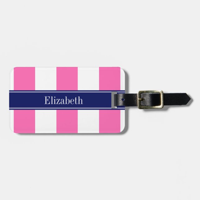 Étiquette À Bagage Hot Pink #2 XL Stripes, Navy 5c Nom Monogram (Devant horizontal)