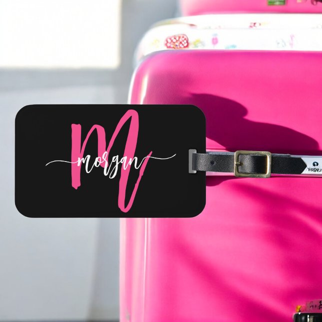 Étiquette À Bagage Hot rose Black World Voyageur Nom du monogramme (Créateur téléchargé)