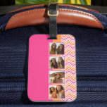 Étiquette À Bagage Hot Rose Orange 4 Photo Collage<br><div class="desc">Une excellente façon d'afficher vos photos carrés à partir de votre compte en ligne. Un design amusant zig zag stripe souligne les photos.</div>