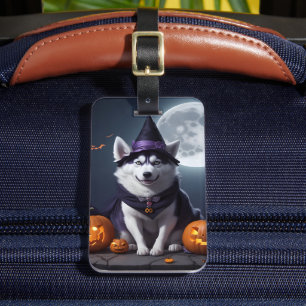 Étiquette À Bagage Husky Chien Halloween Aventure Lune Magie Éffrayan