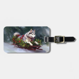 Étiquette À Bagage Husky sibérien Noël neige hiver