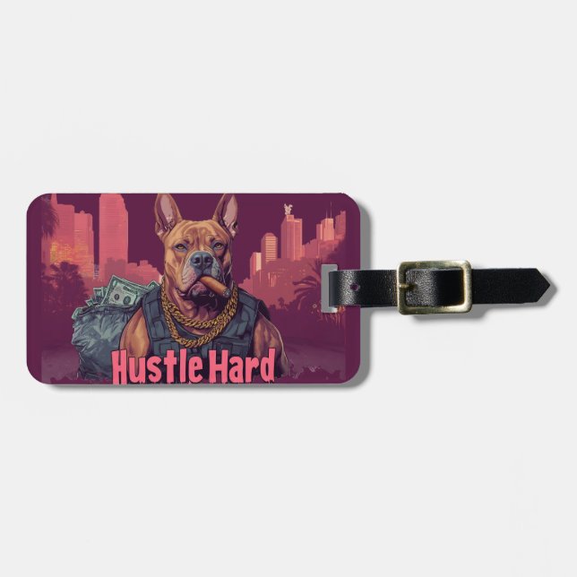 Étiquette À Bagage Hustle Hard - Pitbull Chien avec de l'argent et Ci (Devant horizontal)