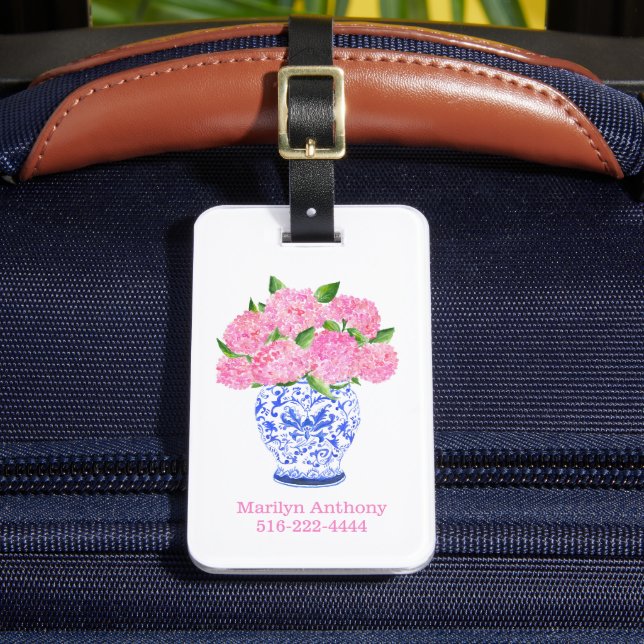 Étiquette À Bagage Hydrangea Rose Aquarelle Chinoiserie Nom Numéro (Insitu Rectoal 2)