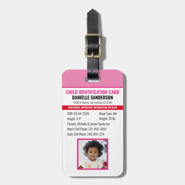 Étiquette À Bagage Identification Allergie d'urgence Photo ID enfant (Devant Vertical)