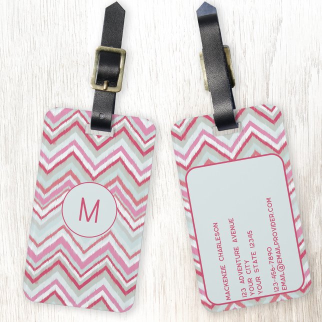 Étiquette À Bagage Ikat moderne Chevron Strigramme initial (Abstract monogram initial Ikat chevron geometric zigzag stripe pattern personalized luggage tag)