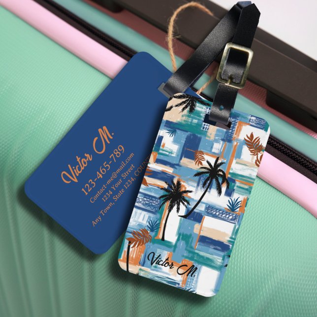 Étiquette À Bagage Ile moderne Tropical Check Bleu Blanc (The modern tropical hawaii island mix blue checked pixel in custom luggage tag.)